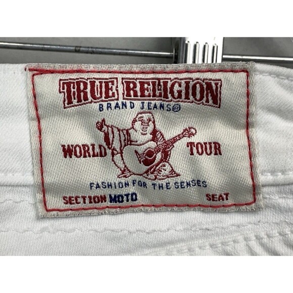 True Religion Women 27 Jeans World Tour Moto White Biker Ribbed Knee Stretch Y2K - Picture 14 of 14